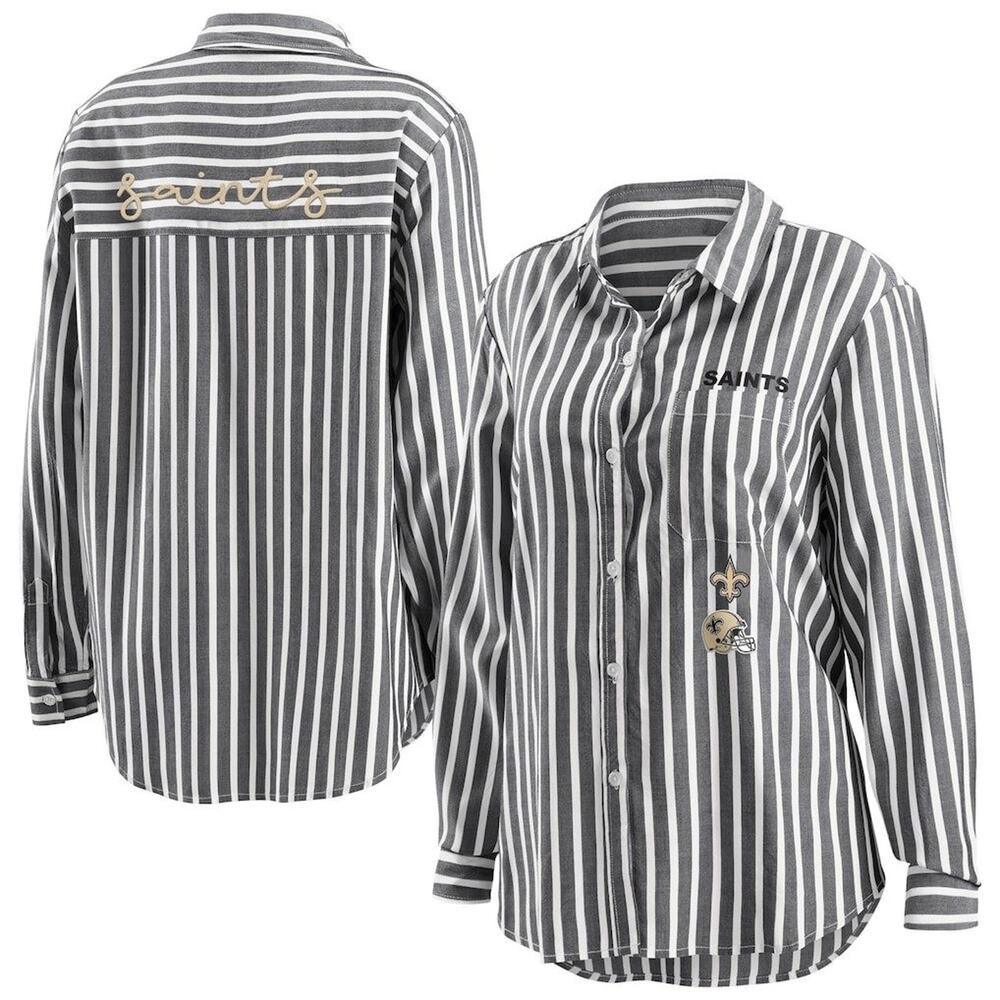 Womens Saints Striped Button Up Shirt NFL Football Long Sleeve Casual Top
